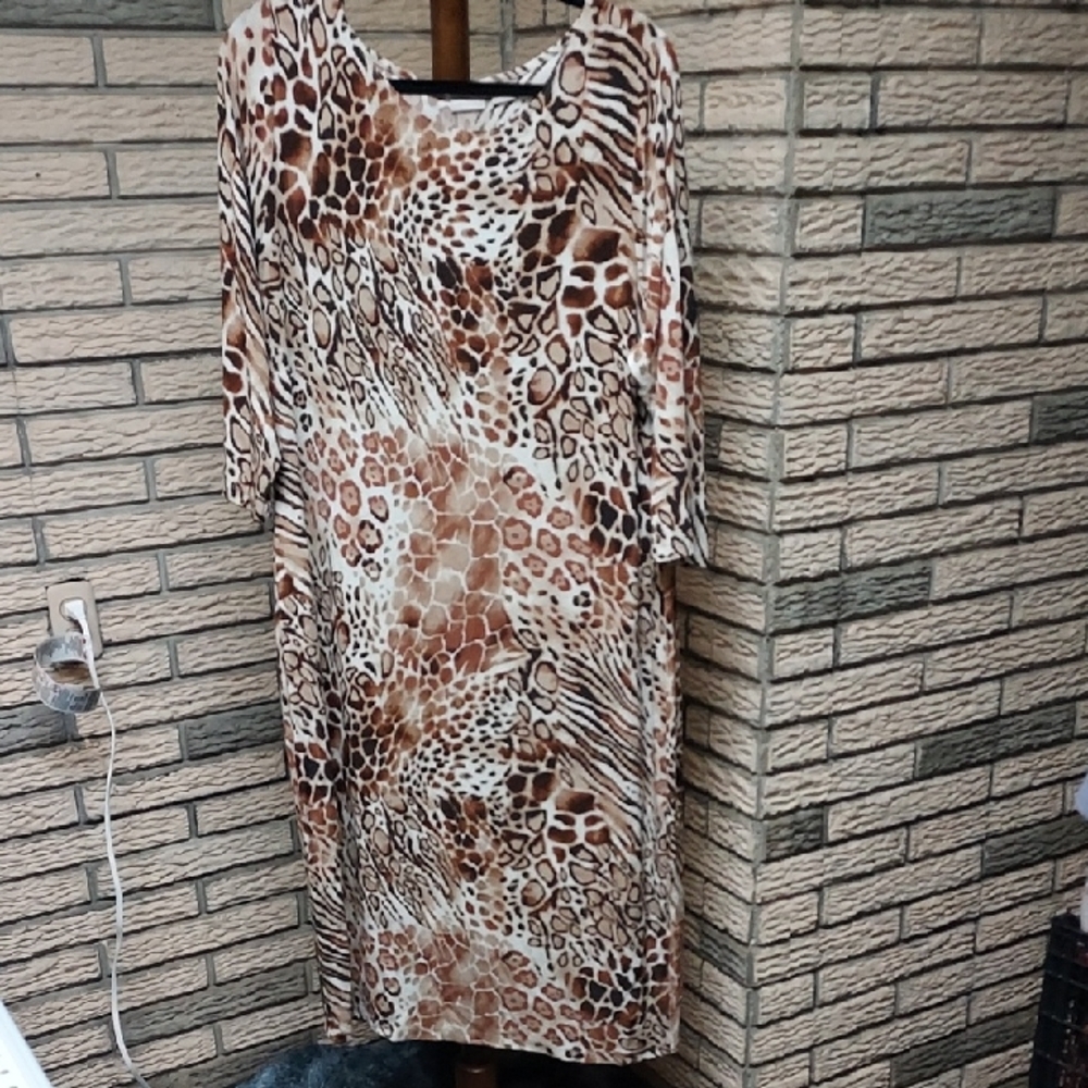 Chico'sTravelers Brown and Tan Animal Print 3/4 Sleeve Dress Sz 3 (14/16)